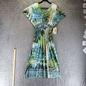 Oneworld Dress Womens Large Multicolor Floral V-Neck Smocked Boho Midi *NWT*